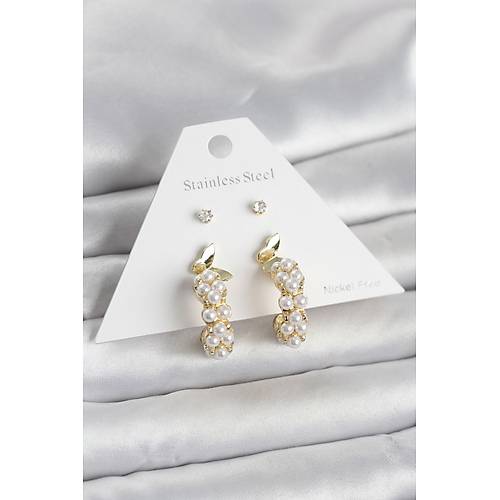 Pirin� Gold Renk Kelebek Detayl� Kad�n K�pe Seti