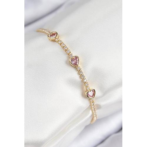 Pirin� Zirkon Ta�l� Pembe Kalp Model Gold Renk Kad�n Bileklik