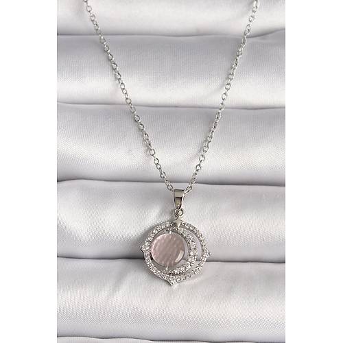 316L �elik G�m�� Renk Zirkon Ta�l� Pembe Sedefli Hilal Model Kad�n Kolye
