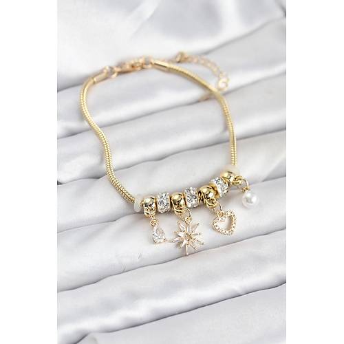 Pirin� Gold Renk Kutup Y�ld�z� ve Kalp Charml� Kad�n Bileklik