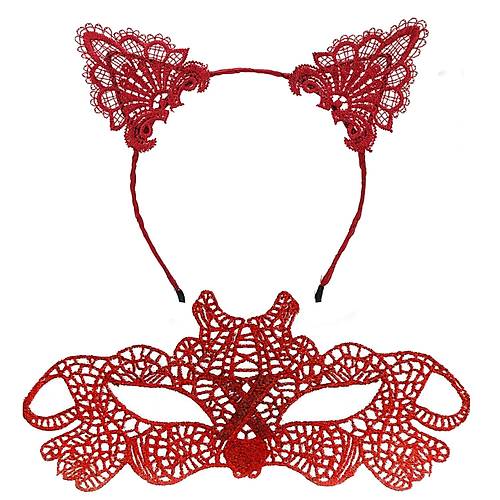 Ate� K�rm�z�s� Dantel Ta� ve Maske Seti 10 No - Maskeli Balo & �zel G�n Seti