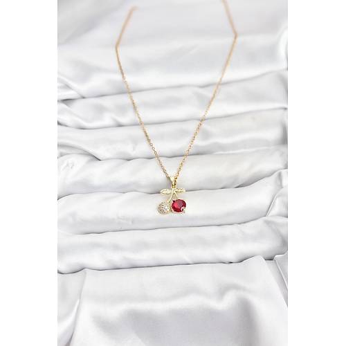 316L �elik Zincir Gold Renk Kiraz Model Zirkon Ta�l� Kad�n Kolye