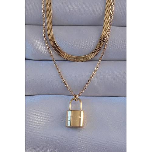 316L �elik Gold Renk �ift Zincir Kilit Model Kolye