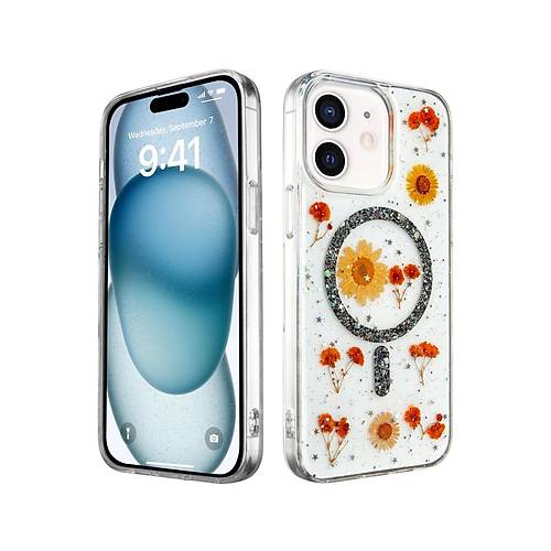 iPhone 12 K�l�f Daisy Simli Magsafe Kapak - Siyah