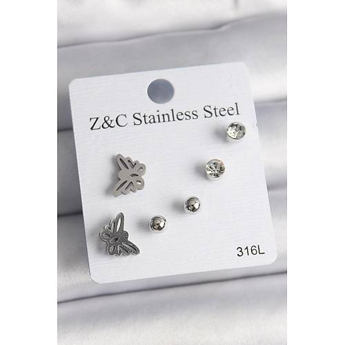 316L �elik G�m�� Renk Zirkon Ta�l� Kelebek Model Kad�n K�pe Seti