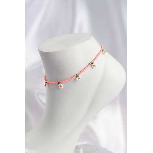 Pembe Renk Boncuklu Papatya Motifli Halhal