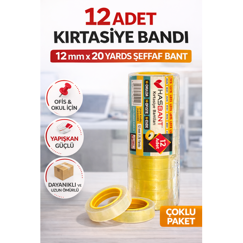 12 Adet K�rtasiye Band� 12 mm x 20 Yards �effaf Bant Ofis Okul Ev Kullan�m� Dayan�kl� Yap��kan Bant