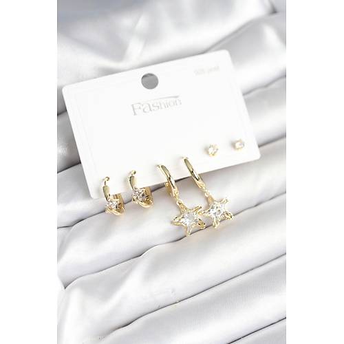 Pirin� Gold Renk Y�ld�z Model 925 G�m�� �ivili Kad�n K�pe Seti