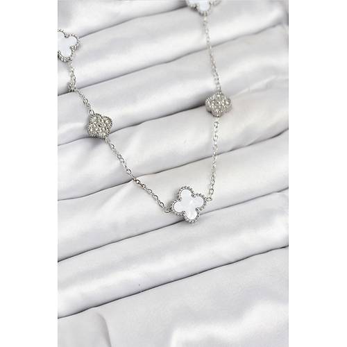 316L �elik Zincir G�m�� Renk Beyaz ve Zirkon Ta�l� Yonca Kad�n Kolye