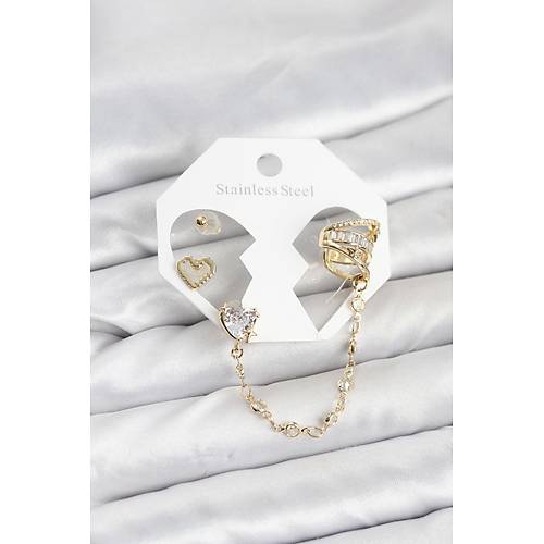 Pirin� Gold Renk Kalp Model Zincir Ba�lant�l� Ear Cuff K�pe Seti