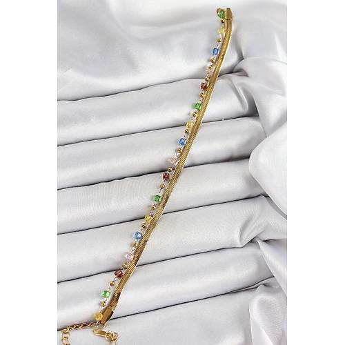 316L �elik Gold Renk Kar���k Renkli Kristal Ta�l� Kad�n Bileklik