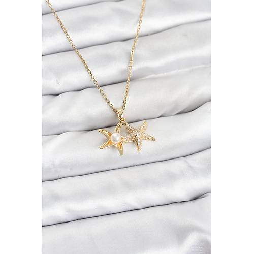 316L �elik Zincir Gold Renk Deniz Y�ld�z� Model Zirkon Ta�l� Kad�n Kolye