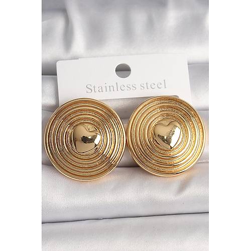 Pirin� Gold Renk Kalp ��lemeli Daire Plaka Model Kad�n K�pe