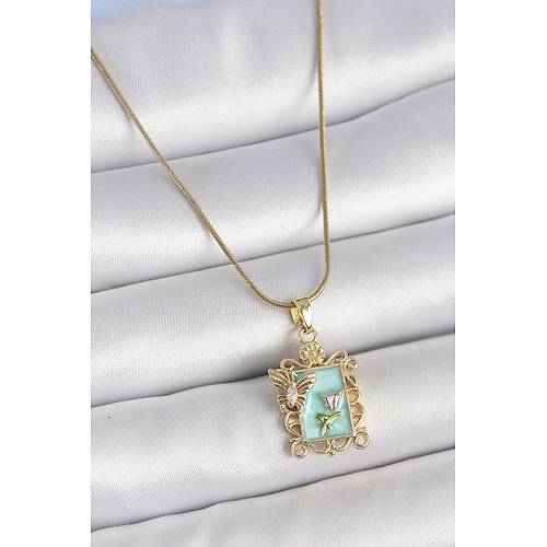 316L �elik Gold Renk Zincir Mavi Mineli �i�ek ��lemeli Zirkon Ta�l� Kelebek Detay Portre Model Kad�n Kolye
