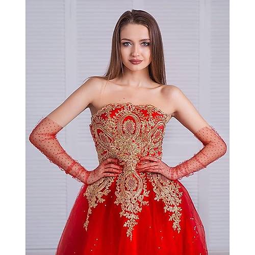 Uzun Boy K�rm�z� Puantiyeli K�rm�z� Renk Yeti�kin T�l Eldiven 55 cm