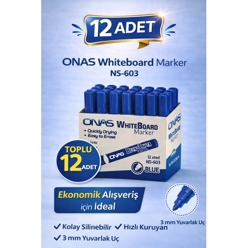 ONAS Whiteboard Marker NS-603 Mavi Tahta Kalemi 3 mm Yuvarlak U� 12 Adet