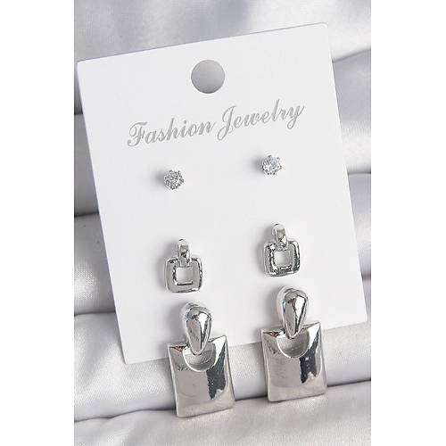 Pirin� G�m�� Renk Zirkon Ta� Detay Sallant�l� Kare Model 3 �ift Kad�n K�pe Seti