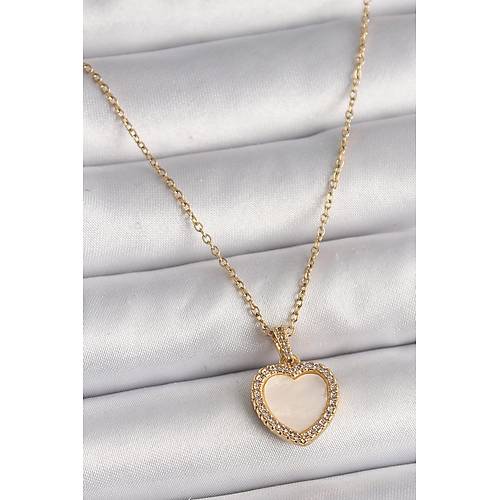 316L �elik Gold Renk Zincir Zirkon Ta�l� Beyaz Mineli Kalp Model Kad�n Kolye