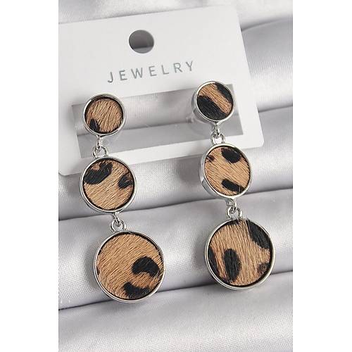 Pirin� G�m�� Renk 3'L� Daire Plaka Leopar Desenli Kad�n K�pe