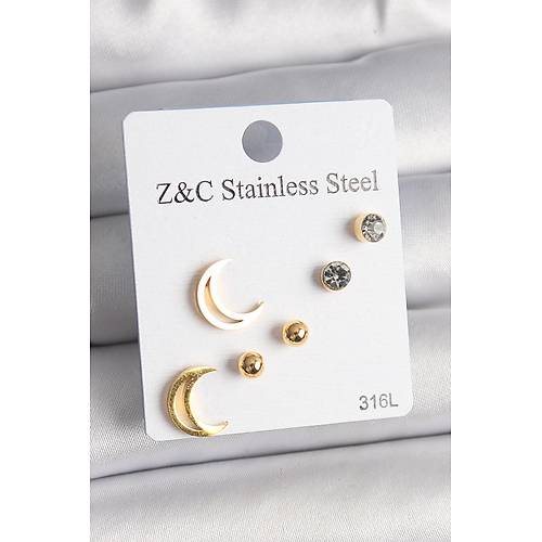316L �elik Gold Renk Zirkon Ta�l� Hilal Model Kad�n K�pe Seti