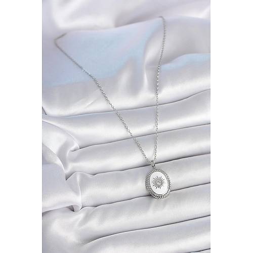316L �elik G�m�� Renk Beyaz Mineli G�ne� ��lemeli Nazar Boncuk Detay Madalyon Model Kad�n Kolye