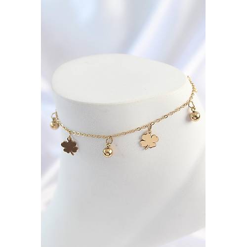 316L �elik Gold Renk Sallant� Top�uk Yonca Model Kad�n Halhal