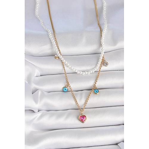316L �elik Gold Renk 2'Li �nci Zincir Model Pembe Ta�l� Kalp Fig�r Nazar Boncuk Detay Kad�n Kolye