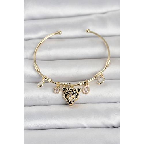 Pirin� Gold Renk Leopar Detayl� Charml� Kad�n Bileklik