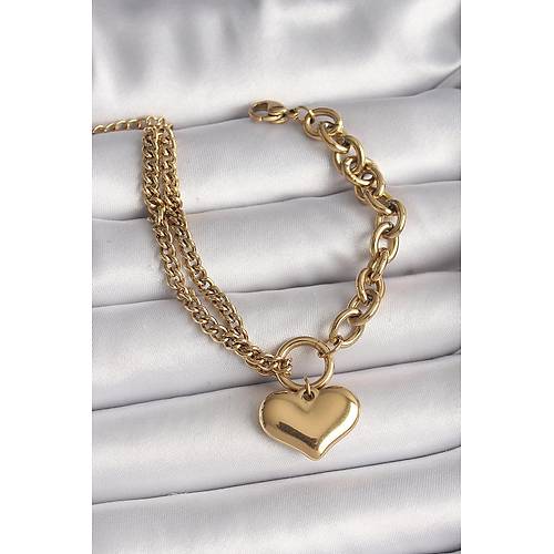 316L �elik Gold Renk 2'Li Zincir Model Kalp Fig�r Kad�n Bileklik