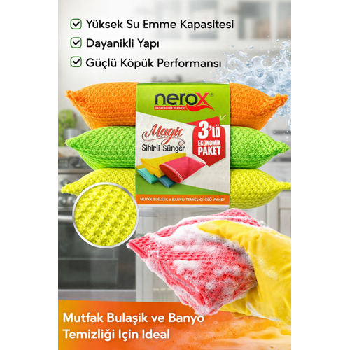 Nerox Magic Sihirli S�nger 3'l� 1 Paket �ok Ama�l� Temizlik S�ngeri Bula��k Mutfak Banyo Temizlik S�ngeri