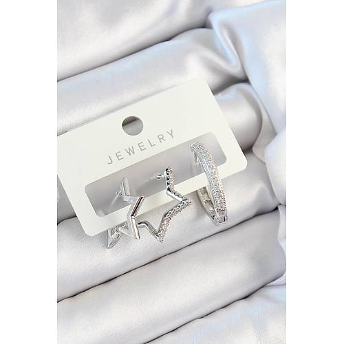 Pirin� Zirkon Ta�l� Y�ld�z Ve Halka Model G�m�� Renk 3'l� �ift Kad�n K�pe Set