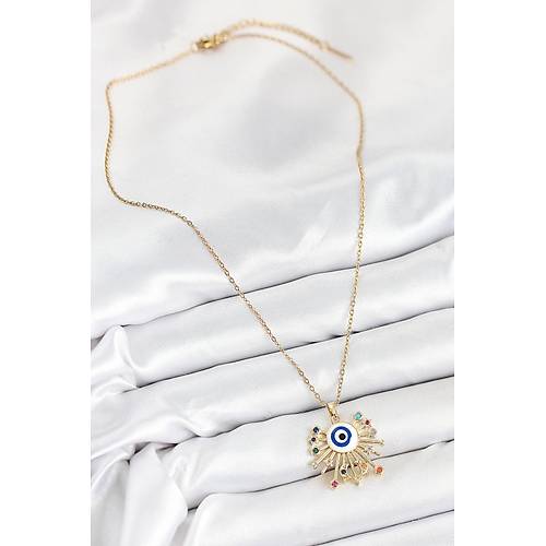 316L �elik Zirkon Ta�l� Nazar Model Gold Renk Kad�n Kolye