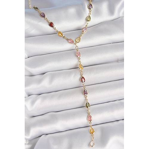 Gold Kar���k Renk Zirkon Ta�l� Y Pirin� Kolye