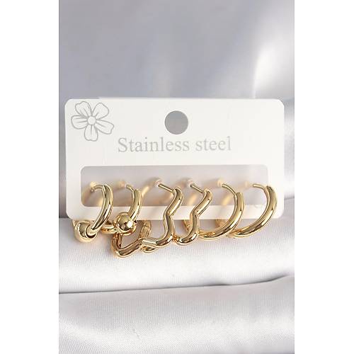 316L �elik Gold Renk Y�ld�z Halka Model Kad�n K�pe Seti