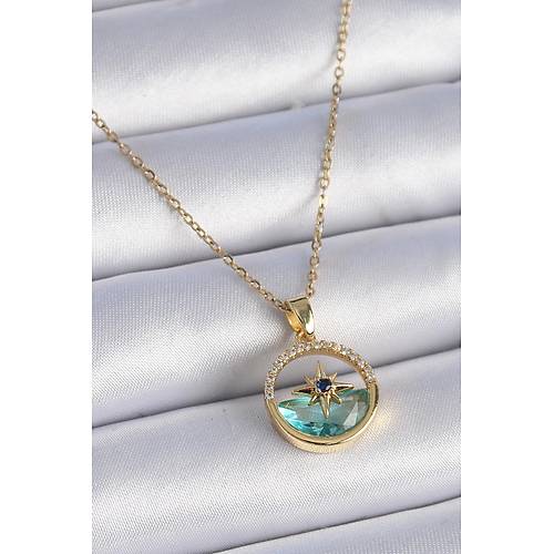 316L �elik Zincir Gold Renk Zirkon Ta�l� Deniz G�r�n�m Kutup Y�ld�z Model Kad�n Kolye