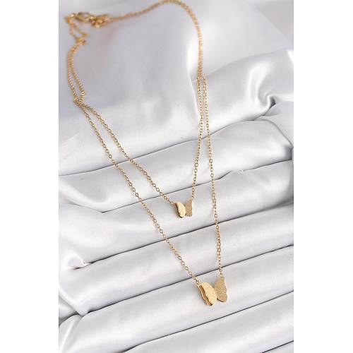316L �elik Gold Renk 2'Li Simli Kelebek Model Kad�n Kolye