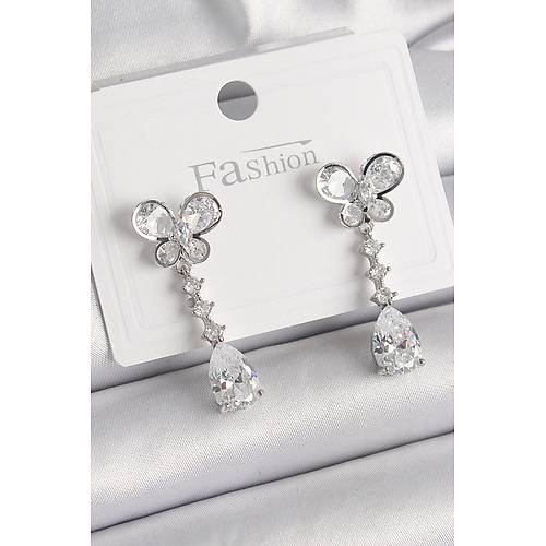 Pirin� G�m�� Renk Kelebek Model Sallant� Damla Zirkon Ta�l� Kad�n K�pe