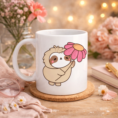 �i�ek Tutan Tembel Hayvan Tasar�ml� Porselen Kupa MODEL 107 � Sevimli Kahve Kupas� , Hediye & Dekoratif Kupa
