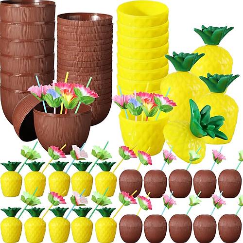 Tropikal Parti Bardak Seti � Ananas ve Hindistan Cevizi �ekilli Pipetli Bardaklar (20 Adet)
