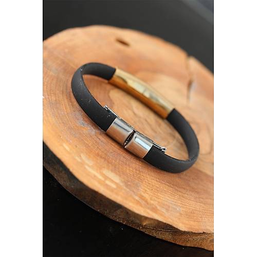 Gold Renk Metal Tasar�m Siyah Renk Silikon Erkek Bileklik