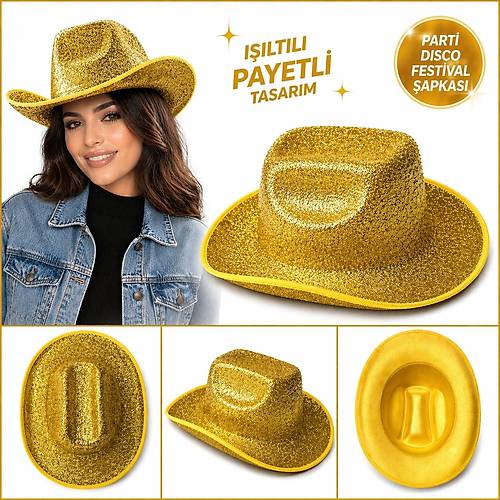 Parlak Alt�n Gold Kovboy �apka Kad�n Erkek Parti Disco Festival �apkas�