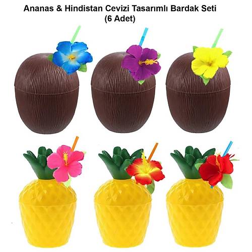 Ananas & Hindistan Cevizi Tasar�ml� Pipetli Bardak Seti (6 Adet)