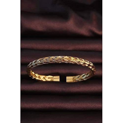 316L �elik Alt�n Renk Kal�n Yass� �rg� Model Erkek Bileklik