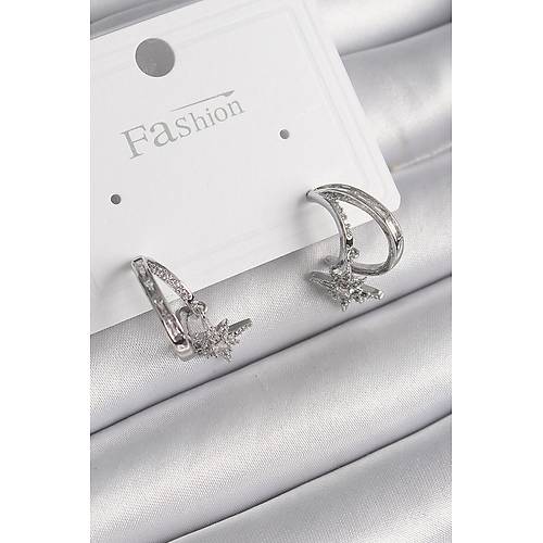 Pirin� G�m�� Renk Zirkon Ta�l� Halka Model Sallant� Y�ld�z Detay Kad�n K�pe