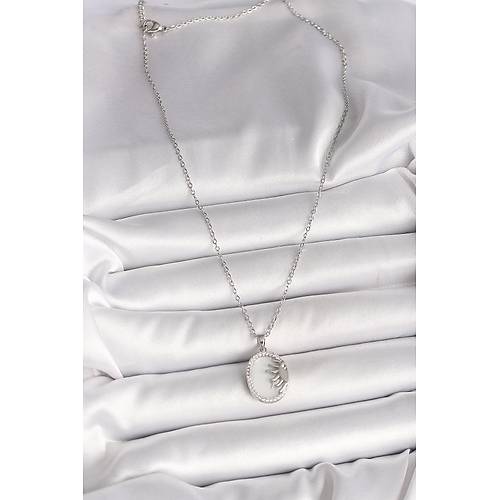 316L �elik G�m�� Renk Zincir Beyaz Mineli G�n Bat�m� Model Zirkon Ta� Detayl� Kad�n Kolye