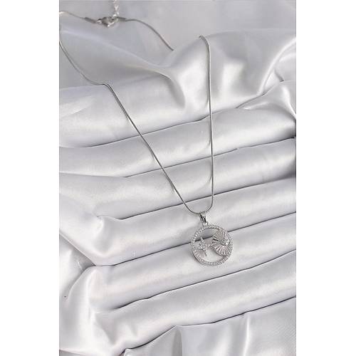 316L �elik G�m�� Renk Zincir Zirkon Ta�l� Y�ld�z Madalyon Model Kad�n Kolye