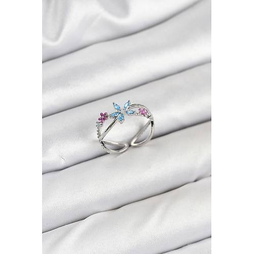 Pirin� G�m�� Renk Zirkon Ta�l� Mavi �i�ekli Kad�n Y�z�k