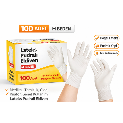 Lateks Pudral� Eldiven M Beden 100�l� 1 Kutu Tek Kullan�ml�k Muayene Eldiveni Do�al Lateks Koruyucu Eldiven