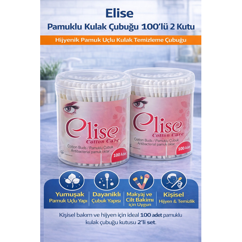 Elise Pamuklu Kulak �ubu�u 100'l� 2 Kutu Toplam 200 Adet Pamuk U�lu Kulak Temizleme �ubu�u