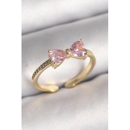 Pirin� Gold Renk Pembe Zirkon Ta�l� Kalp Fiyonk Model Kad�n Y�z�k